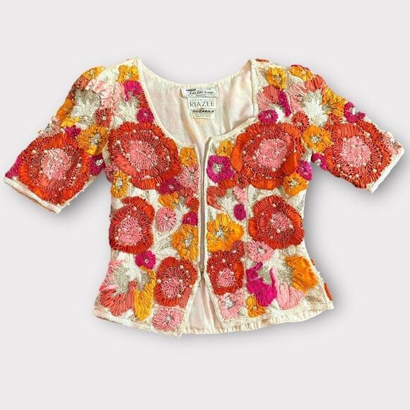 S/M Naeem Khan Beaded Sequined Jacket Ribbon Embroidered Vintage Couture - Picture 1 of 7